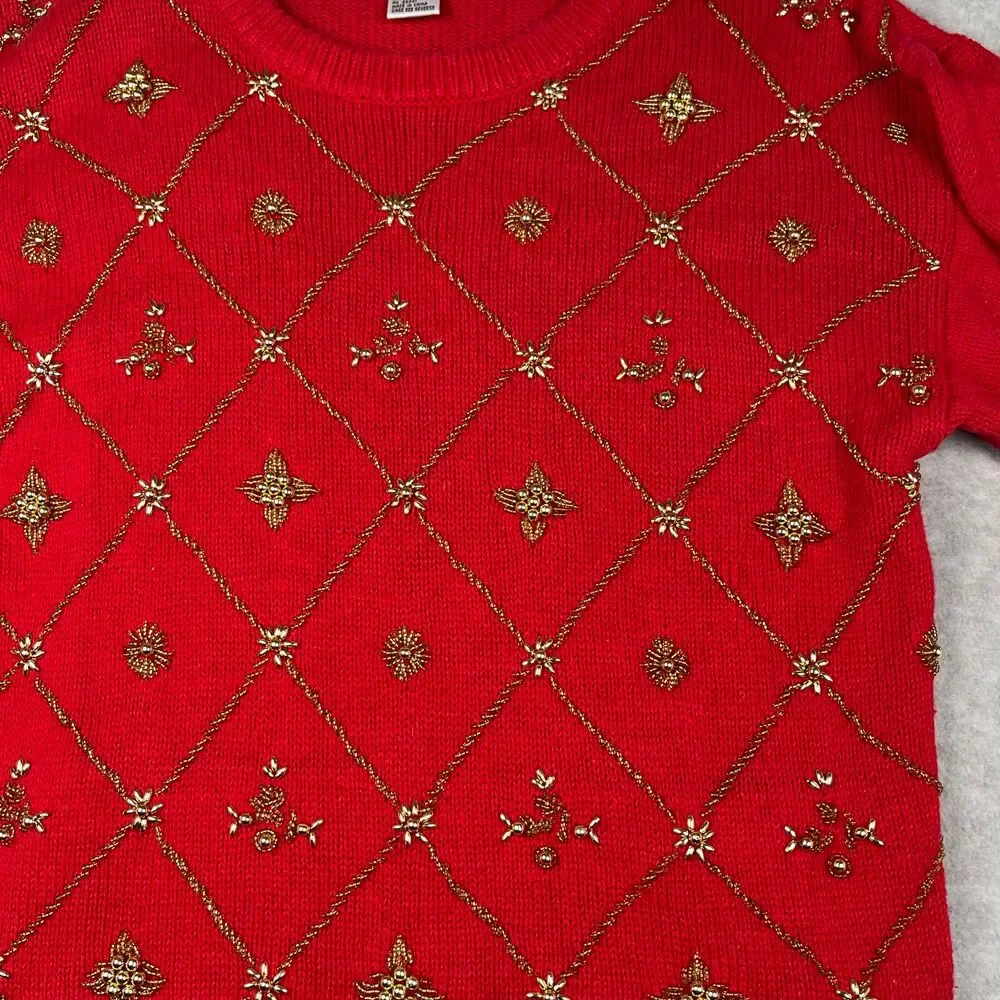 Victoria Harbour Vintage Ramie Cotton Holiday Sweater, red & gold, beaded,‎ 80s